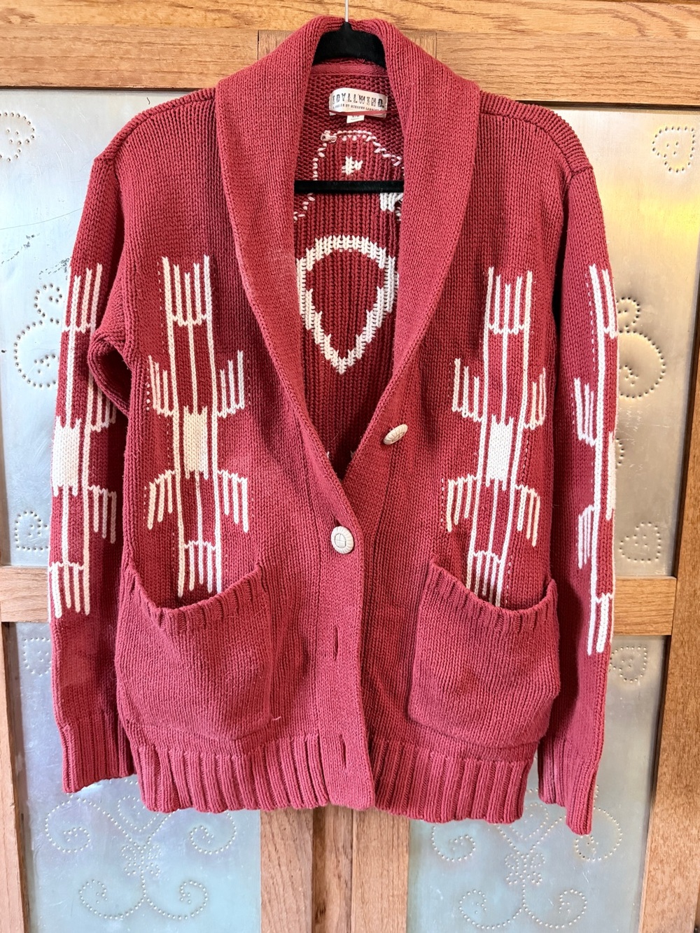 Idyllwind Rust Red Shawl Collar Cardigan with Cream Pattern